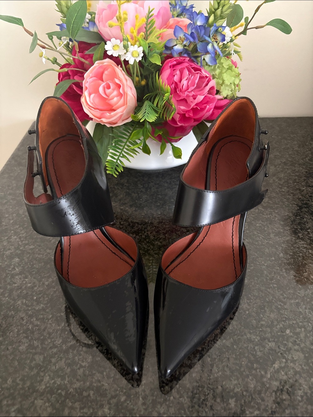 Elizabeth and James Black Patent Pointed-Toe Heels with Ankle Strap